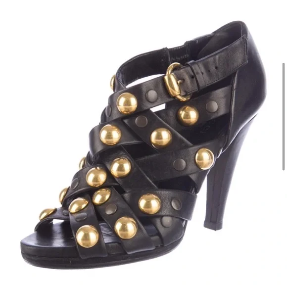 Gucci Shoes Gucci Black Leather Studded Cage Heels With Thick